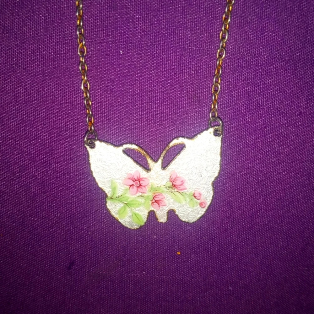Antique Art Deco Sterling Silver Guilloche Enamel Butterfly Necklace